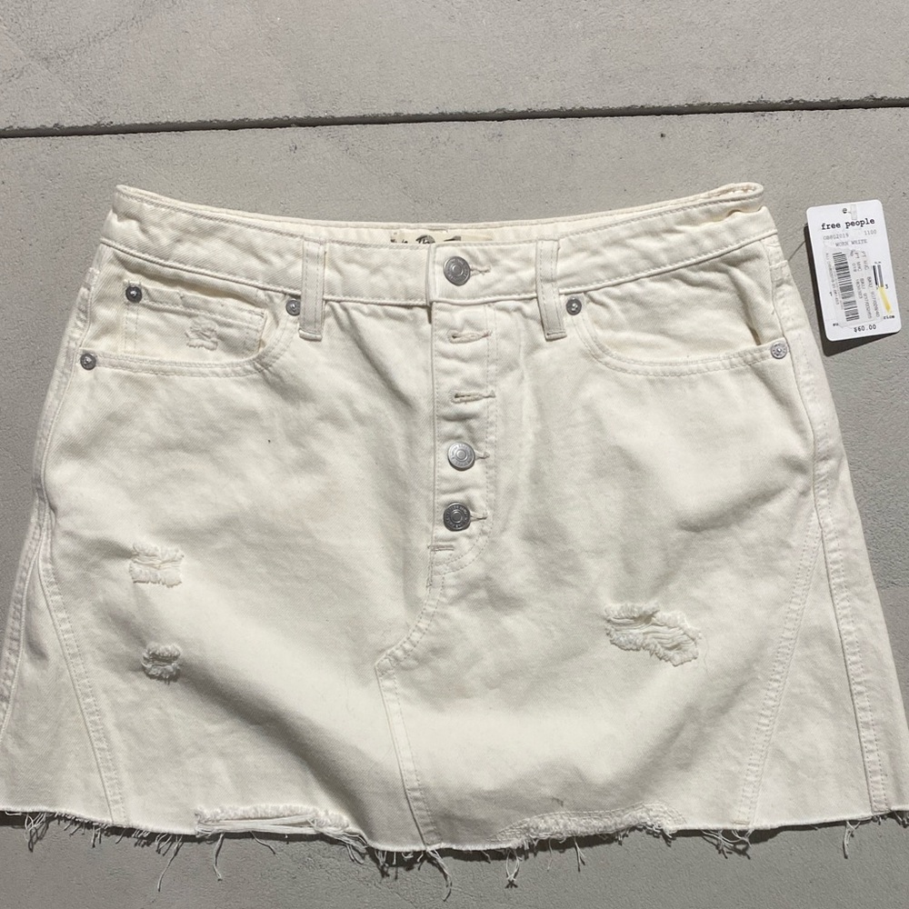 We The Free White Distressed Denim Mini Skirt